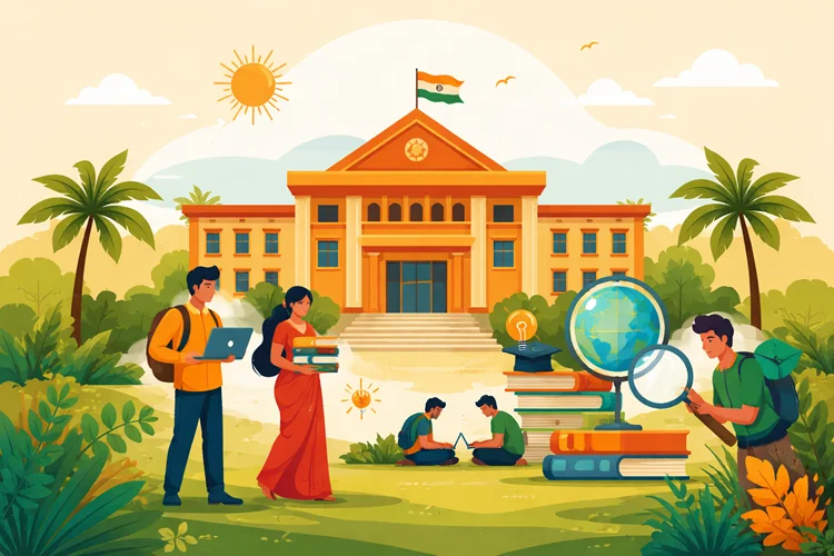 Illustrated campus scene in India with students studying and academic elements