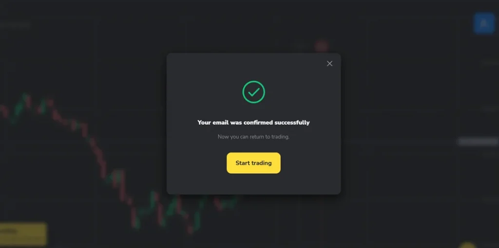 Binomo account email confirmation screen
