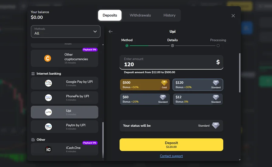 Binomo deposit page interface