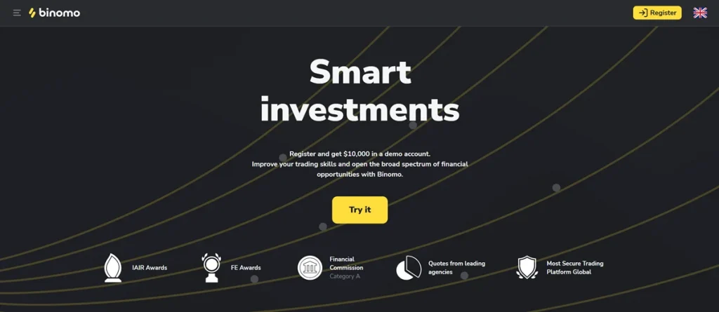 Home page interface of the Binomo trading platform