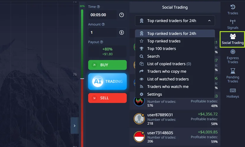 Location of the Social Trading button in the Pocket Option trading panel