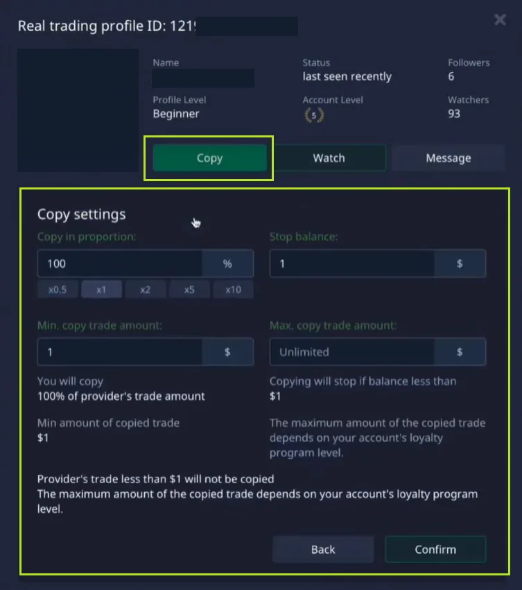 Copy trading settings for a selected trader on Pocket Option