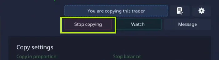 Button to stop copying trades on Pocket Option